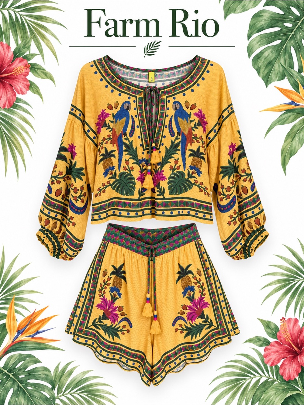 FARM Rio sz m set Yellow Floral Embroidered shorts and blouse